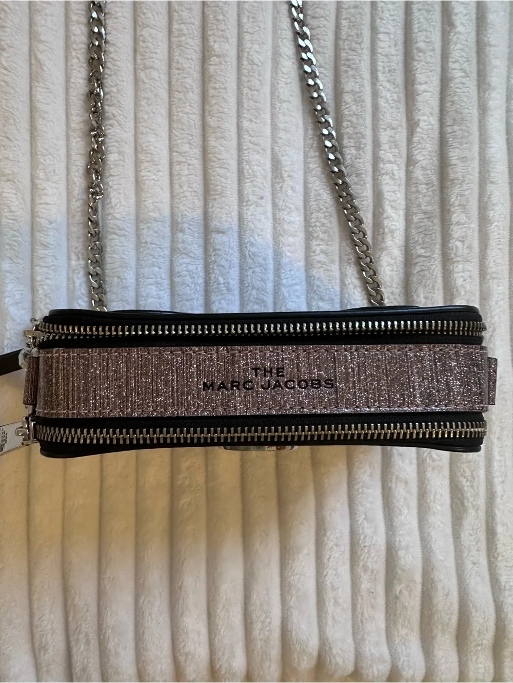 Marc Jacobs Glitter Snapshot Crossbody: Sparkly Purple/Pink with Silver Hardware